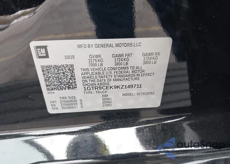 2019 GMC Sierra 1500 Elevation z USA, uszkodzony, nr VIN 1GTR9CEK9KZ149711